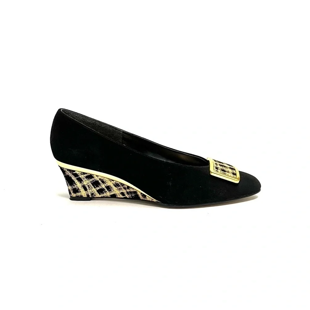 Vintage 1970s black suede oversize buckle gold painted wedge heels